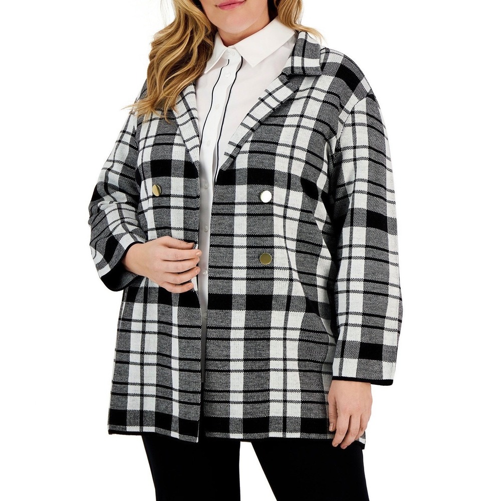 Kasper Women's Black White Plaid Double Breasted‎ Knit Blazer Cardigan Jacket 3X